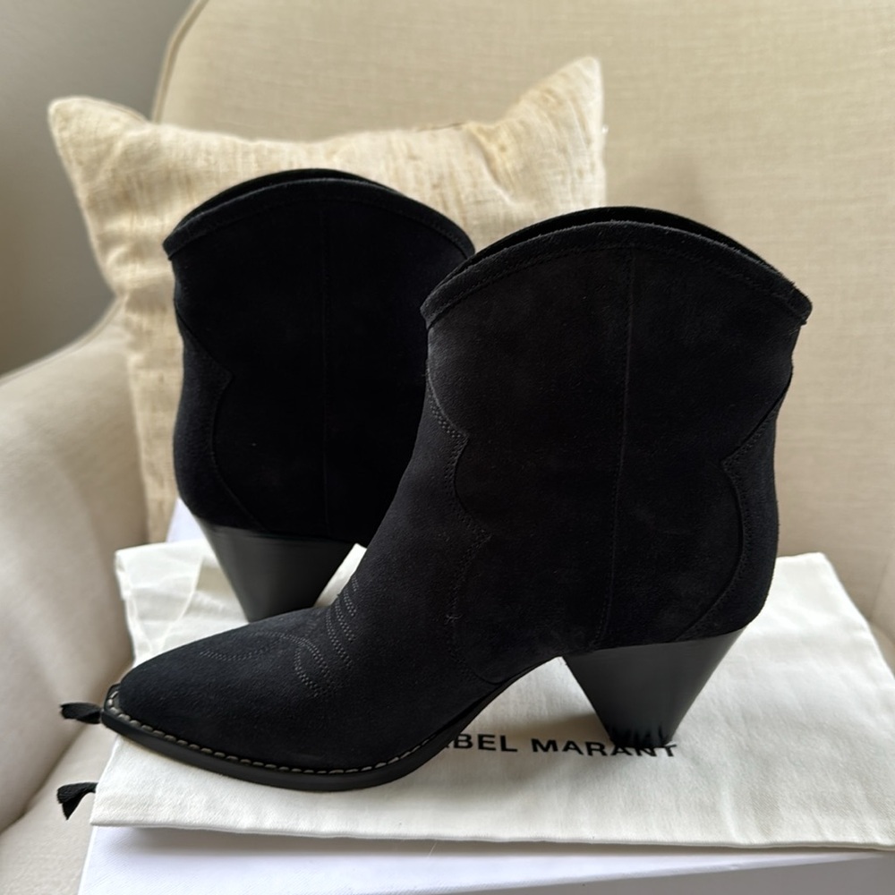ISABEL MARANT Dorizo Suede Ankle Boot color: Faded Black sz: 37